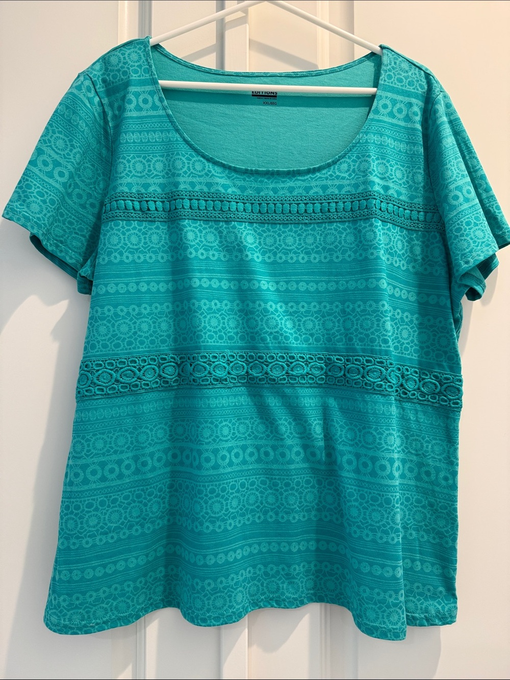 Women’s Teal Patterned Short-Sleeve Scoop Neck Top with Lace Trim